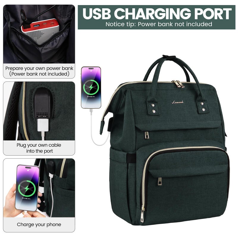LOVEVOOK Laptop Backpack for Women 17 Inch Professional Womens Travel Backpack Purse Computer Laptop Bag Nurse Teacher Backpack Waterproof Work Bags Carry on Back Pack with USB Port Dark Green - Image 3